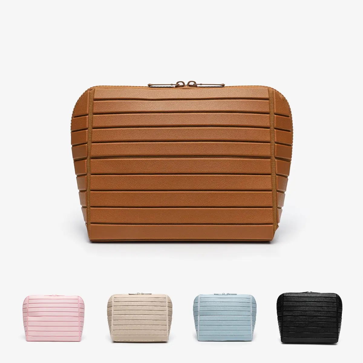 Women's PVC Waterproof Striped Makeup Organizer Bag, Lay-Flat Travel Case with Built-In Brush Slots and Heavy-Duty Zip, Built-In Organizer Make-Up Bags