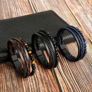 Men's Leather Bracelet Set, 3-Pack Braided Wrap Bands with Tiger Eye & Lava Stone Beads, Classic Multi-Layer Men's Accessories