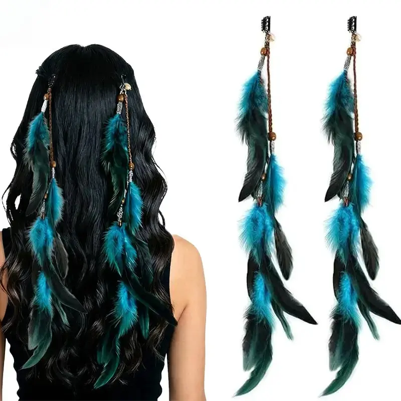 2 Pack Boho Feather Hair Clips for Women, Wooden Bead Tassel Hair Barrettes, Vintage Hippie Hair Pins for Festival, Beach Vacation, Cosplay and Bohemian Outfit Styling
