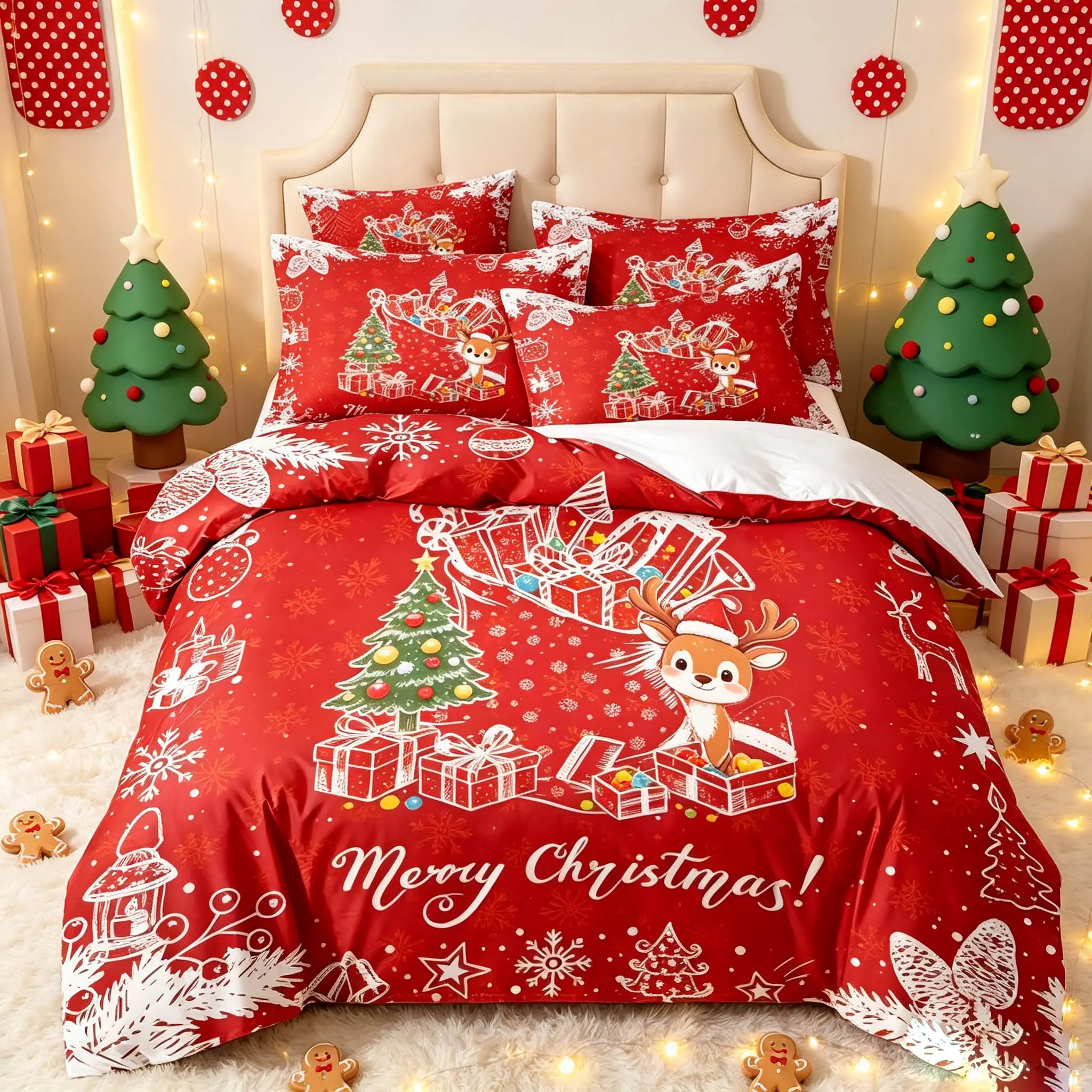 3-Piece Christmas Duvet Cover Set, Cute Reindeer and Snowflake Patterns, Soft Fabric, No Padding, Ideal for Bedroom, Hotel, Dormitory