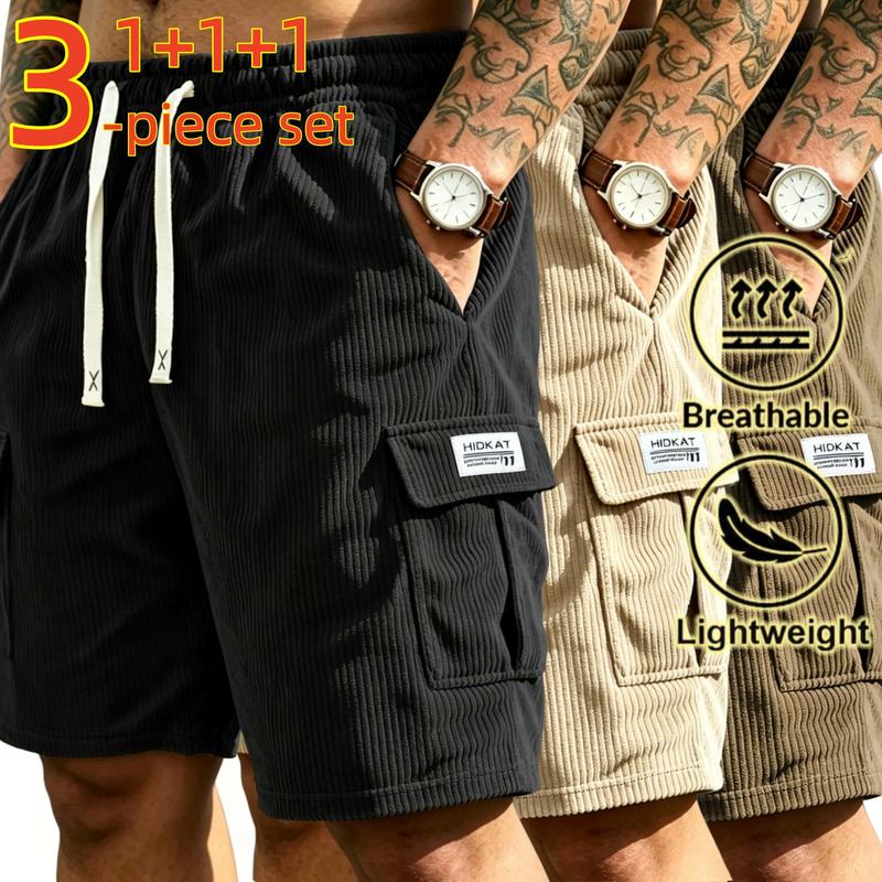 3PC Summer Men's Corduroy Cargo Shorts Are Made of Breathable Fabric, Featuring An Elastic Waistband and Drawstring Design. They Are Ideal for Home Leisure, Summer Shopping, Parkour, and Other Casual Sports Activities