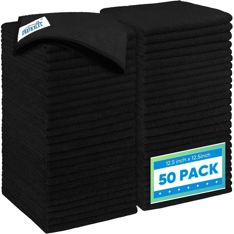 Black Microfiber Cleaning Cloth 50 Pack, 12.5 x 12.5 inch Microfiber Towels for Cars, Ultra Absorbent Car Washing Cloth, Lint Free Streak Free Cleaning Rags for Car, Kitchen, and Window