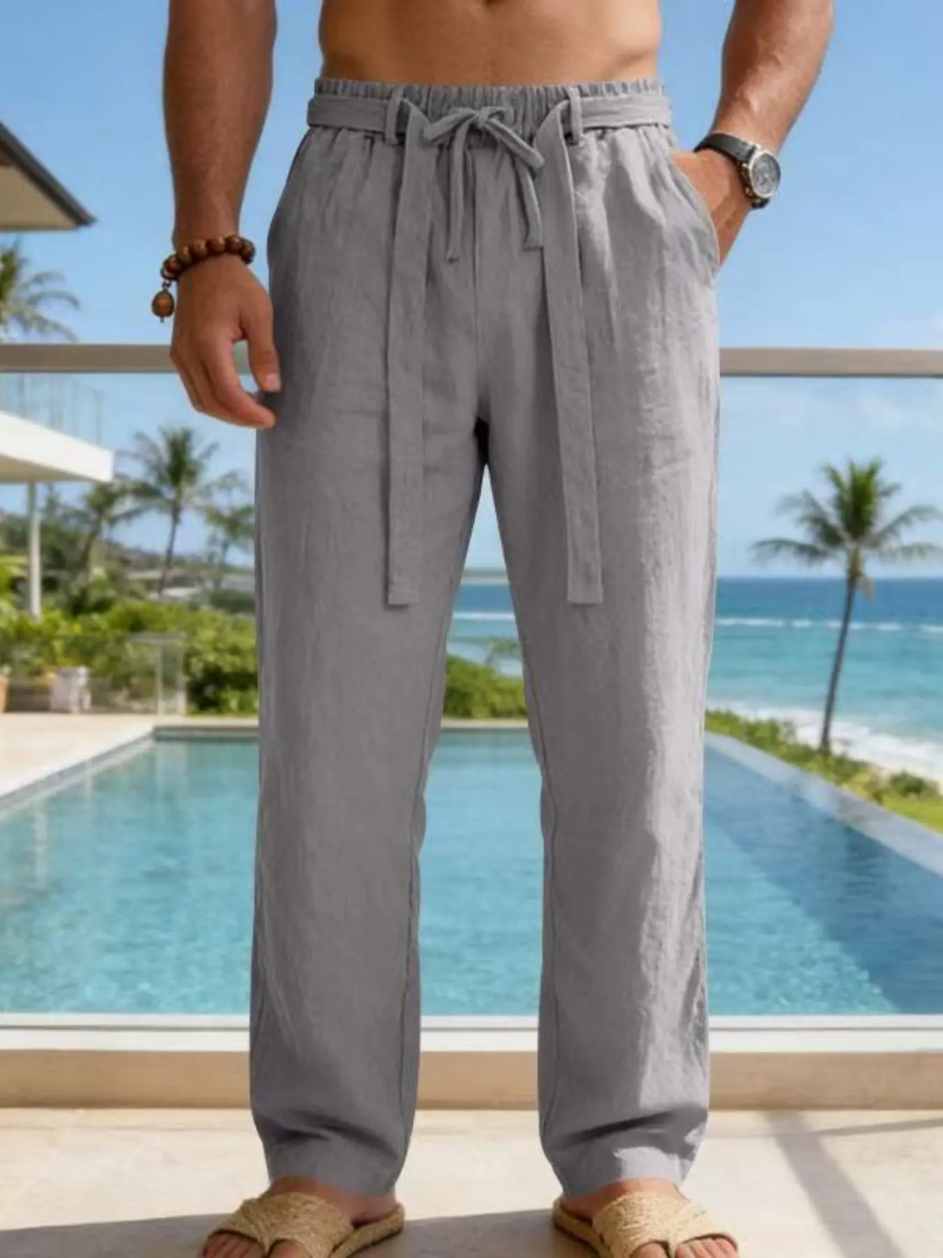 Men's Loose Summer Linen Trouser Pants, Breathable Casual Comfy Drawstring Sports Straight Leg Long Pants, Comfortable and Stylish Men's Clothing