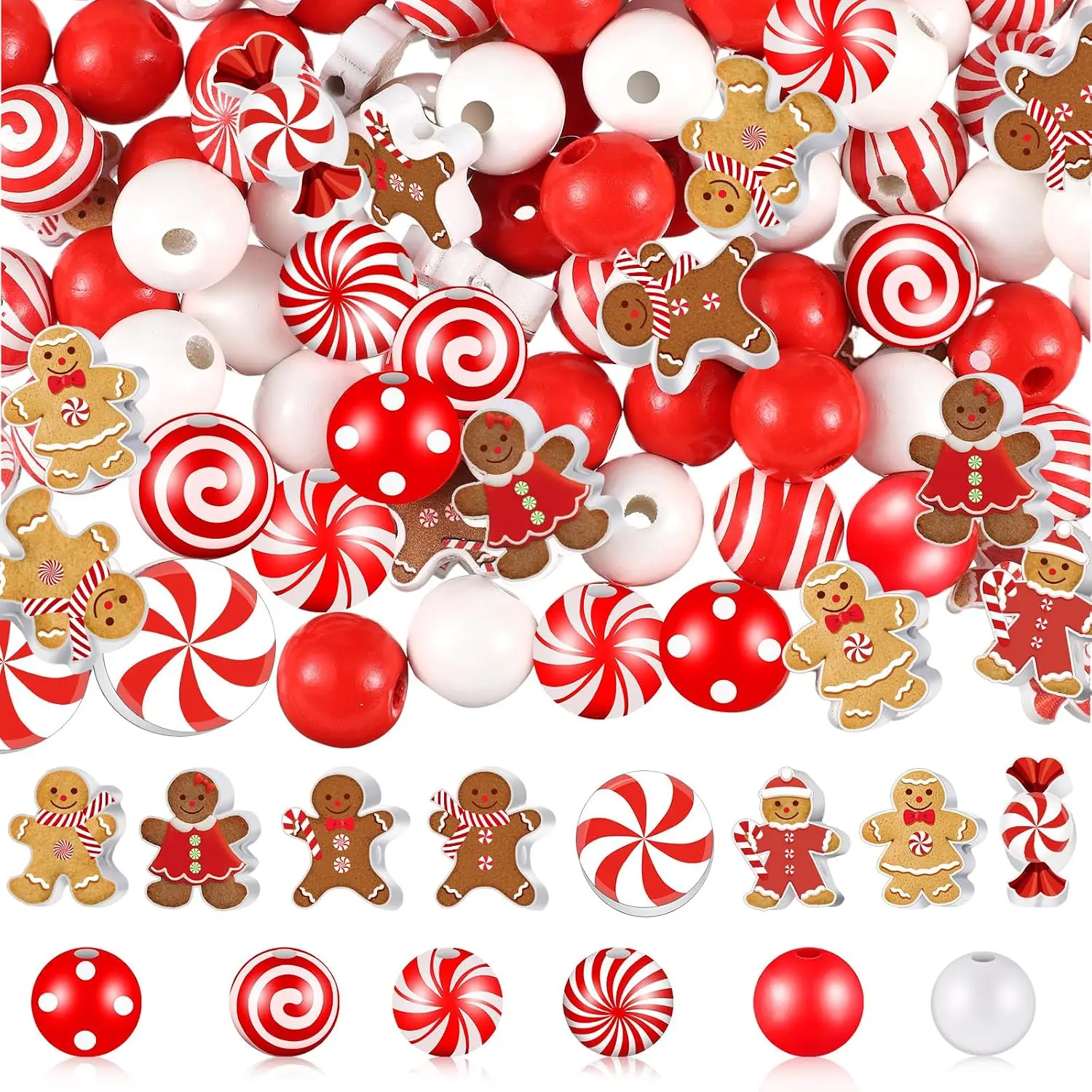 200 count Christmas Gingerbread Beads Wooden Peppermint Candy | Red White Peppermint Swirl Gingerbread Shapes, for  Making Crafts Garland Party Tree  Ornaments Holiday Decor