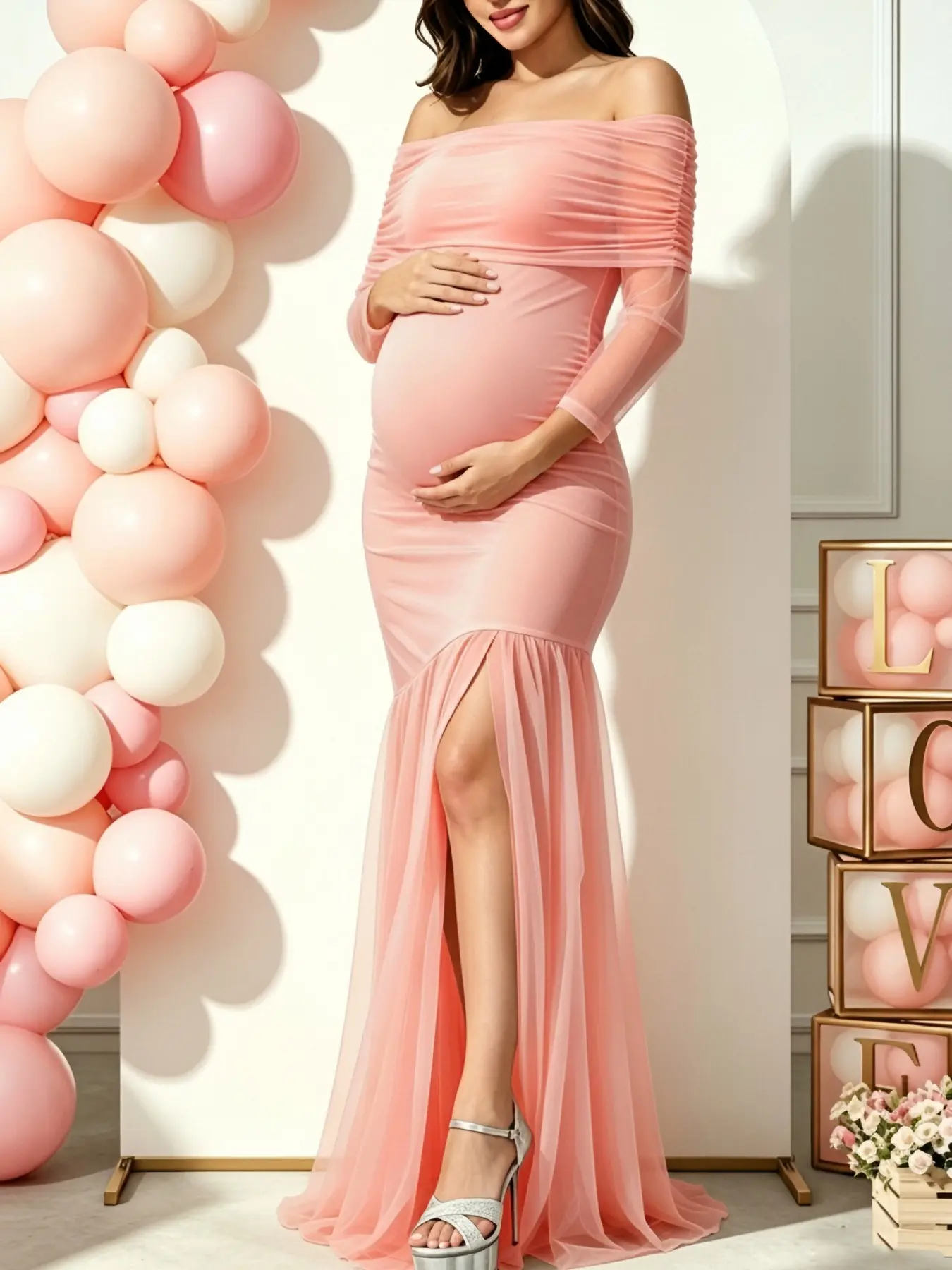 Fashionable Elegant Pregnancy One-Shoulder Dress, Maternity Dresses, Solid Color Mesh Patchwork, Split Hem Gown, Ideal for Baby Shower and Photo Shoots, Maternity Shoot Outfits, Maternity Clothing, Maternity Clothes