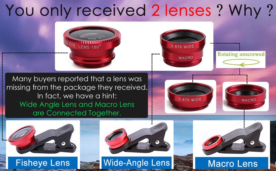 3 in 1 Universal Fish Eye Lens, Macro Clip Lens Wide-Angle Camera Lens Kit for iPad iPhone Samsung Android and Most Smartphones (Red)