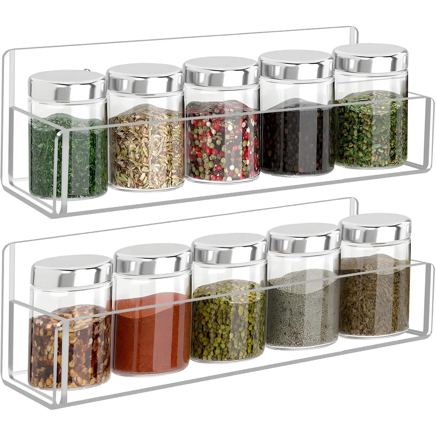 Acrylic Spice Rack Wall Mount - 9 Inch, Clear Spice Shelf Storage Holder, 2 Pack Hanging Seasoning Organizer for Cabinet Door, Cupboard or Wall Kitchen (Adhesive or Screw)