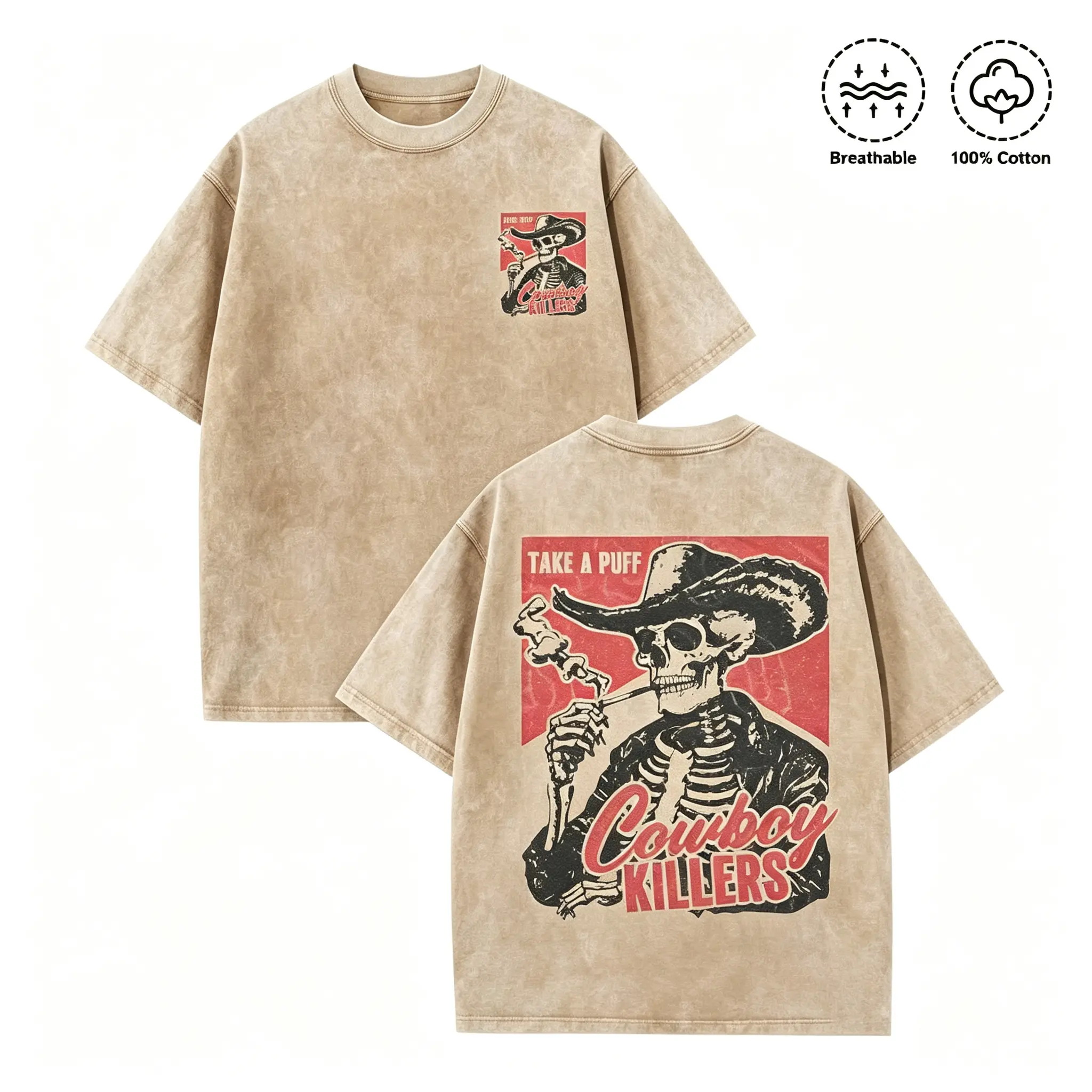 Men's 100% Cotton Vintage Soft Oversized Unisex Tee - Distressed Washed Apricot, Regular & Loose Fit, Round Neck Short Sleeve, Front & Back Skeleton Cowboy Print, Breathable, All Seasons, Machine Washable Streetwear Casual Top, Stretch, Classic