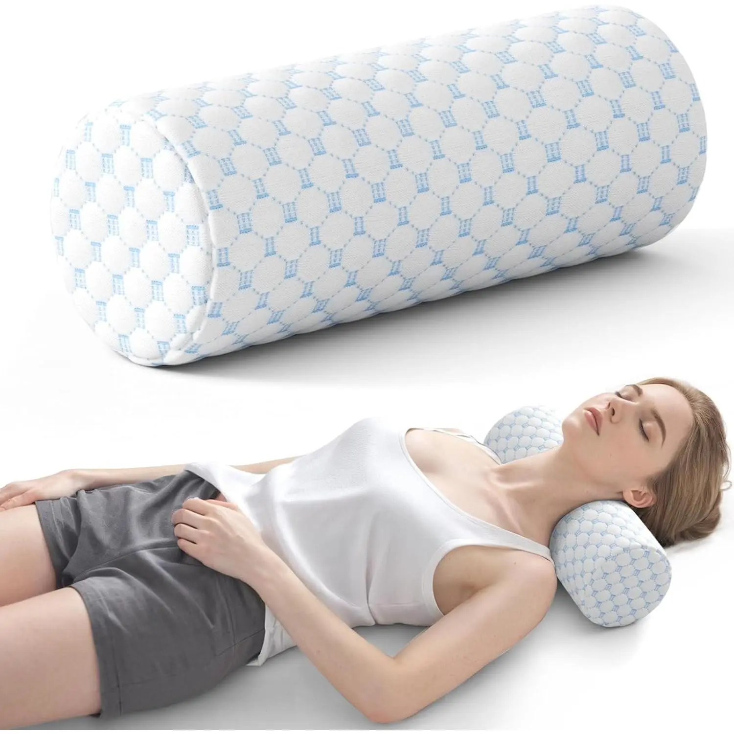 Neck Roll Pillow for Neck Pain Relief - Memory Foam Neck Support Pillow for Bed Round Neck Pillow for Sleeping, 15.7 * 6 * 6 inch (Cool-Blue)