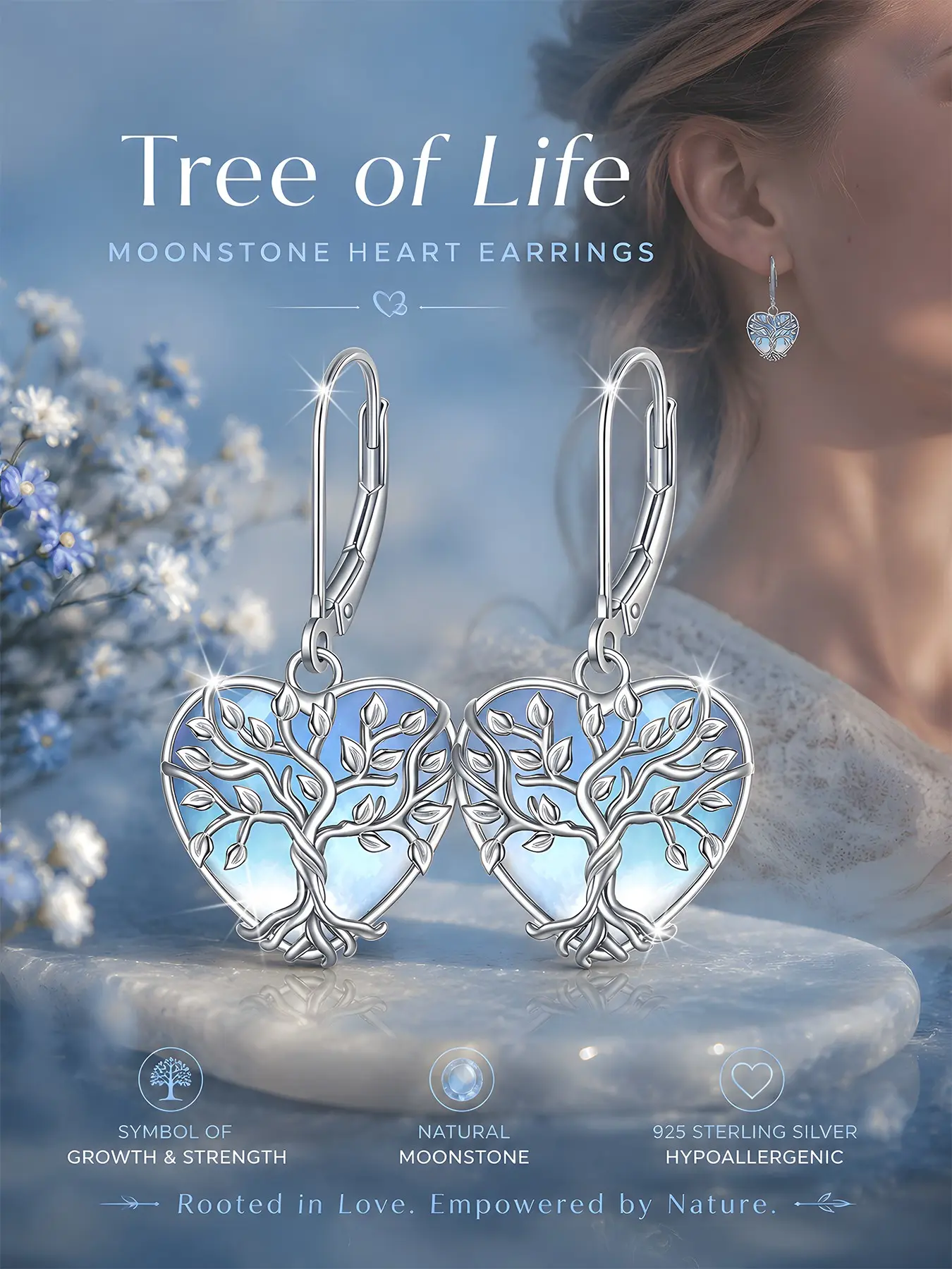 Women's S925 Silver Bohemian Life Tree Heart Moonstone High Quality Unique Design Earrings, Nickel-Free, All-Season, Casual Style, Hypoallergenic, Gift Idea