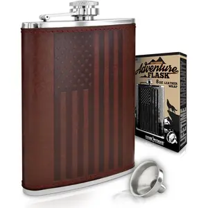 Leather American Flag 8 Ounce Hip Flask Leak Proof Food Grade Stainless Steel for Whiskey Bourbon Liquor with Bonus Funnel Brown Leather Wrap