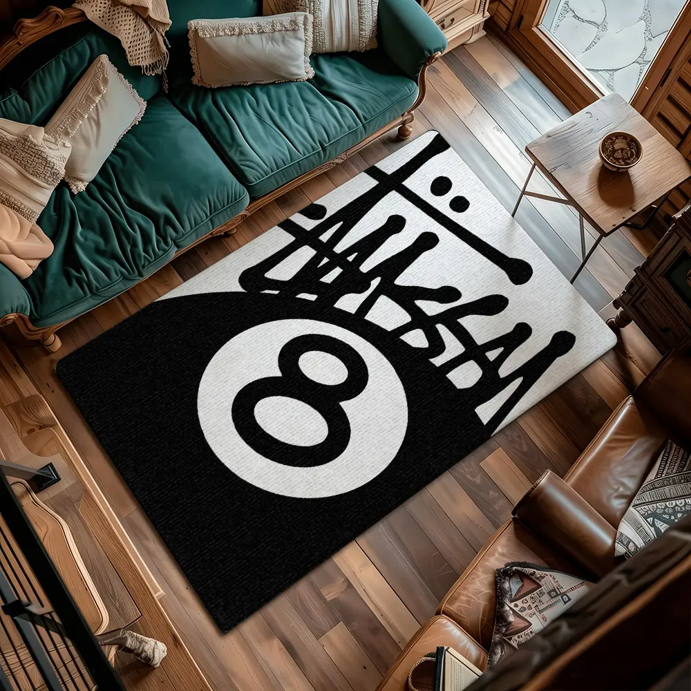 Black White 8 Ball Graffiti Abstract Flannel Living Room Rug Abstract Area Rug #8BallGraffitiRug #MonochromeStreetArtMat #FlannelCarpet #HipHopModernHomeDecor