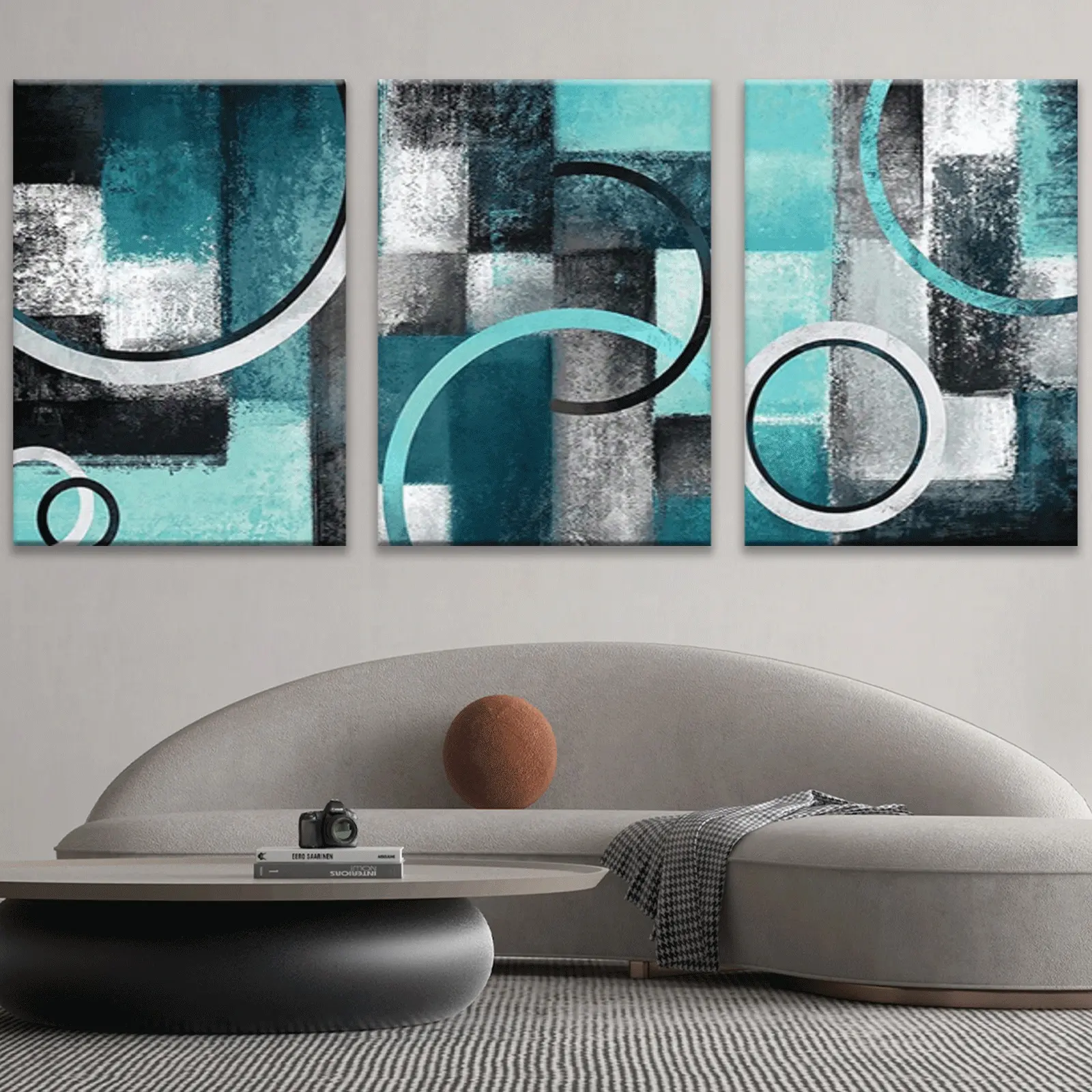 3pcs Turquoise Blue Gray Black White Abstract Geometric Wrapped Canvas Wall Art Set - Modern Rustic Contemporary Style Wood Framed Paintings with Teal & Gray Hues, Ready-to-Hang Living Room Decor for Home Decoration, Neutral Palette for Minimalist or Bold