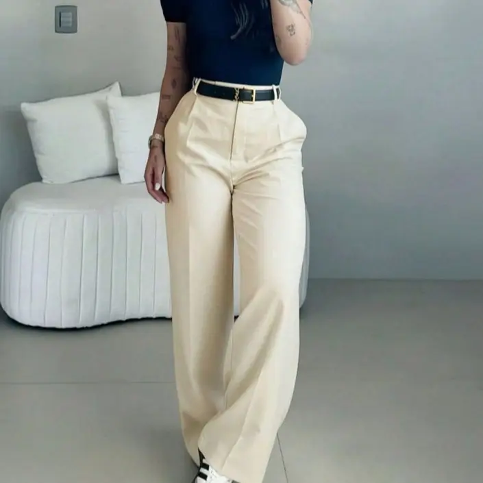 Women's High-Waisted Wide Leg Bottoms - Business Casual Drape Trousers with Clean Front, Pockets, Belt Loops, Full-Length Everyday Office Work Slacks, Machine Washable