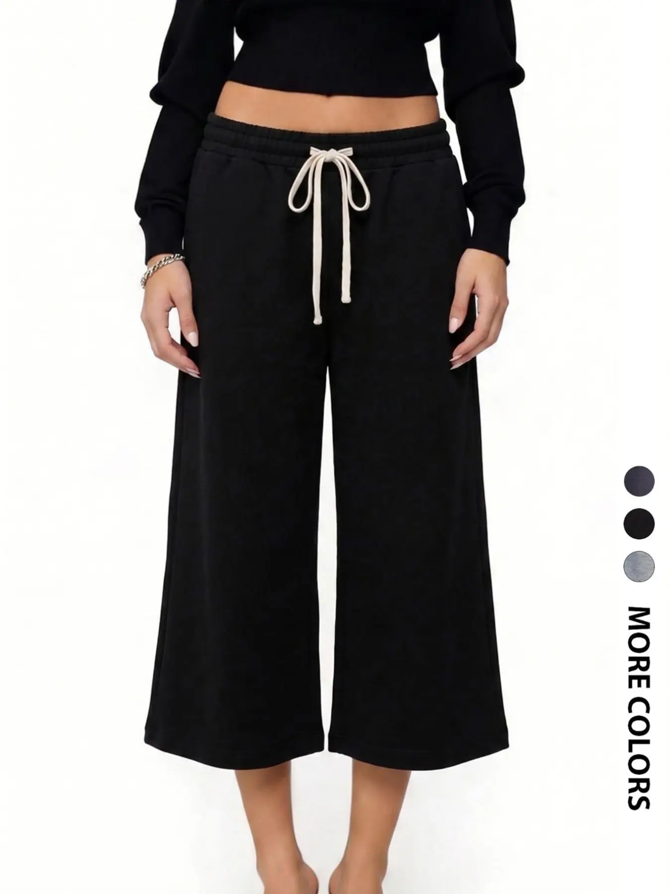 Women Solid Black Contrast White Adjustable Drawstring High Waist Knit Capri Sweatpants Loose Wide Leg Casual Lounge Cropped Pants Sold Separately Single Trousers