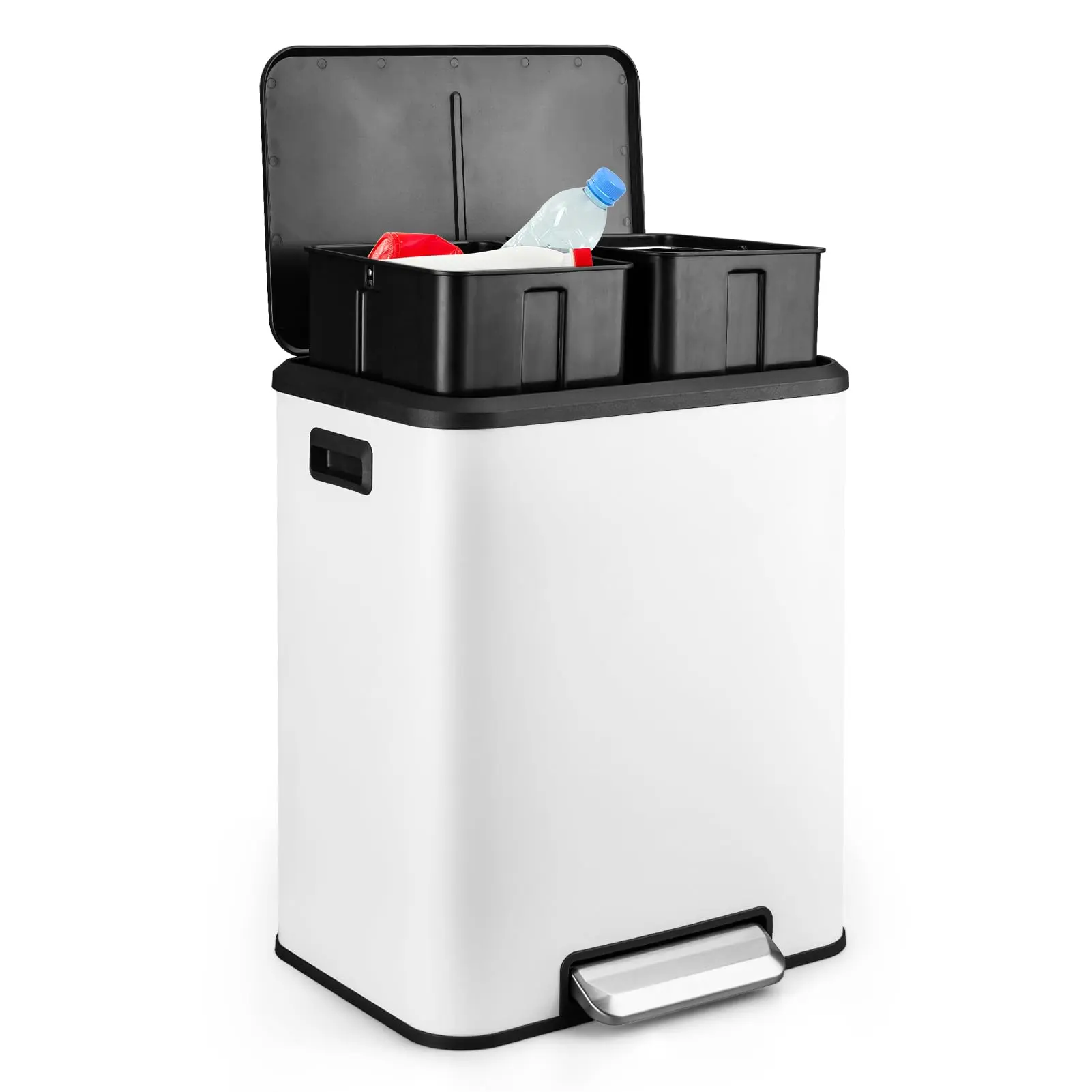 GARVEE White Brushed Finish Stainless Steel Rectangular Trash Can, 2x15L Dual Bin with Soft-Close Airtight Lid for Kitchen Sorting, Dining Room