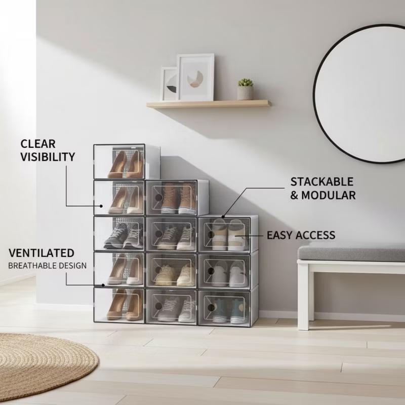 Stackable Shoe Storage Boxes with Lids, Modular Large Shoe Rack & Organizer Shelf, Transparent Front Panel for Easy Display & Identification, Breathable Hole Design to Keep Shoes Fresh, Sturdy Interlocking Structure for Customizable Storage