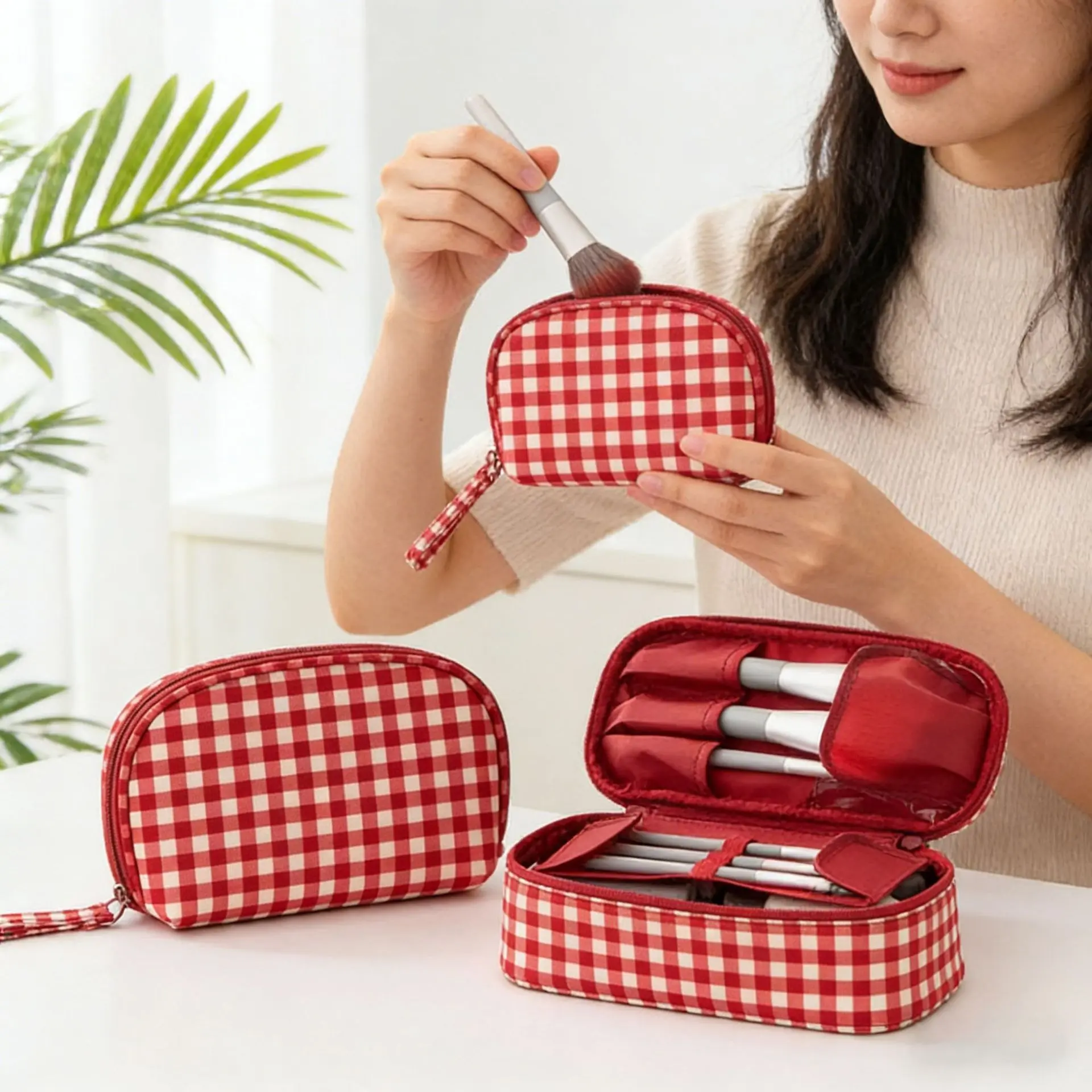 Travel Toiletry Bag, Waterproof Double Layer Makeup Organizer, Large Capacity Plaid Cosmetic Bag, Portable Travel Wash Bag for Women, Skincare Storage, Bathroom Organizer, Travel Essentials