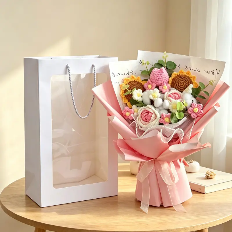 Eternal Hand Knit Crochet Flower Bouquet With Matching White Gift Bag, Long Lasting Artificial Floral Gift For Teacher Wedding Graduation Home Decor, Christmas Gift for Mom, Grandma