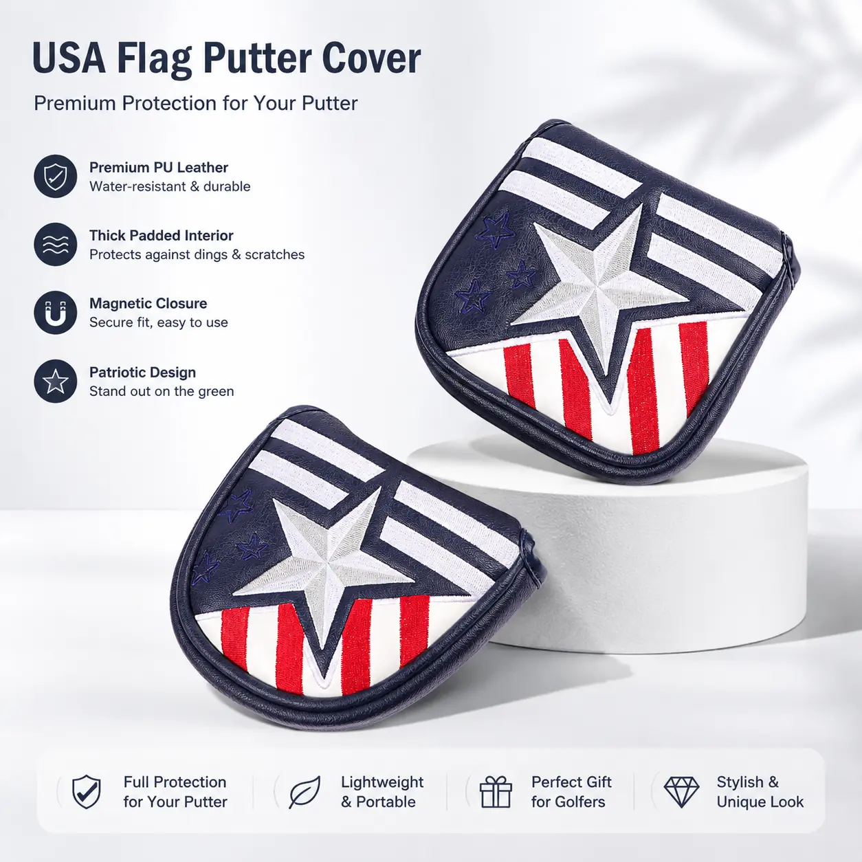 Premium Golf Putter Head Cover with Embroidered Five-Point Star Design – Durable Neoprene Material, Soft Lined Interior, Universal Fit for Standard and Mallet Putters, Ideal for Travel and Course Protection