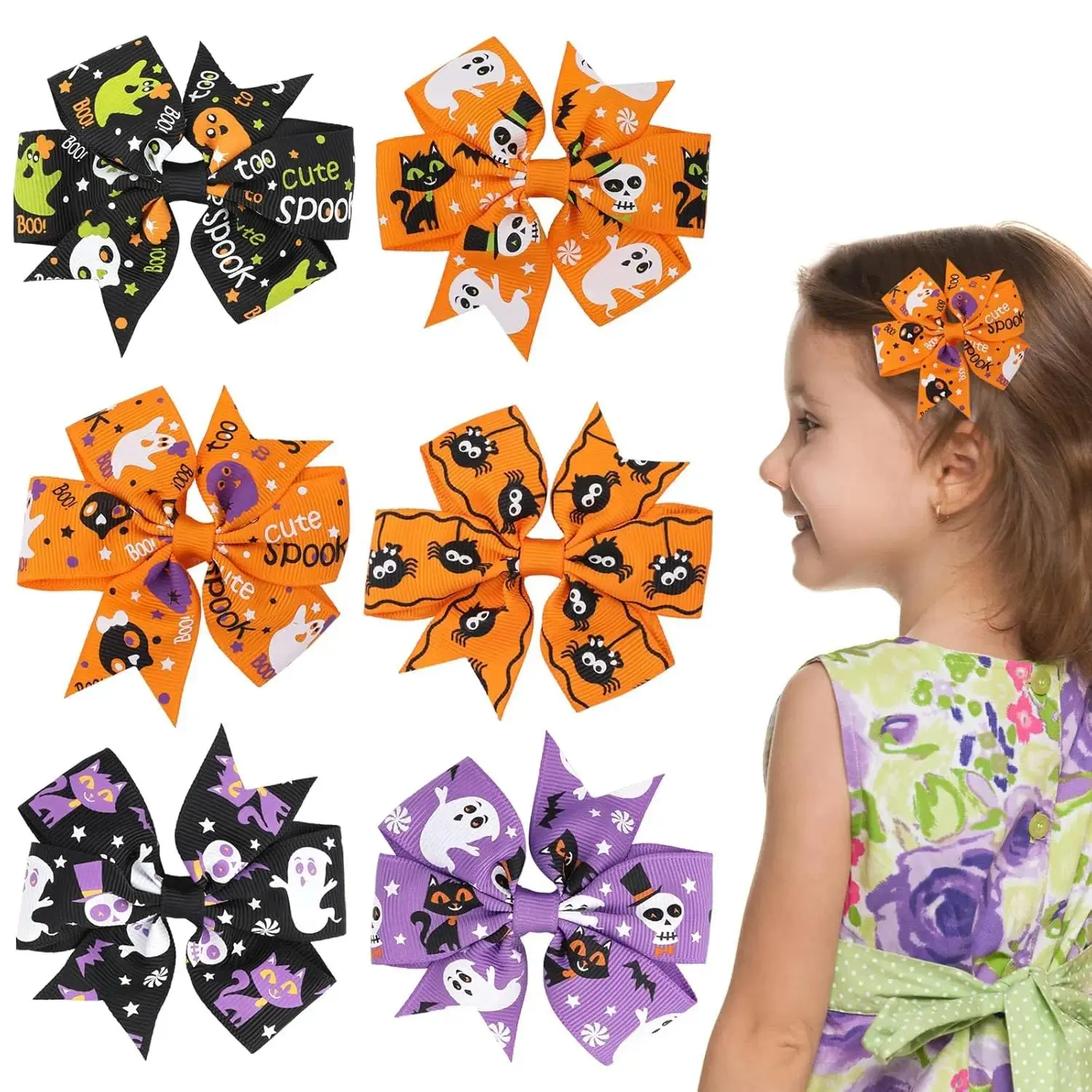 6PCS Halloween Hair Bow Clips, Viral Satin Long Tail Ribbon Barrettes with Pumpkin Bat Ghost Print, Cute Spooky Hair Accessories, Lightweight Secure Hold Boutique Bows for Halloween Party, Trick or Treat, Cosplay, Fall OOTD