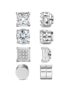 4 Pairs Silvery Minimal Sparkling CZ Magnetic Earring Studs for Unisex 316L Stainless Steel No-Piercing Magnet Ear Jewelry Geometric Square Round Silhouettes Ergonomic Thin Magnet Structure Sleek Minimalist Fake Piercing Ornaments for Daily Festival Party