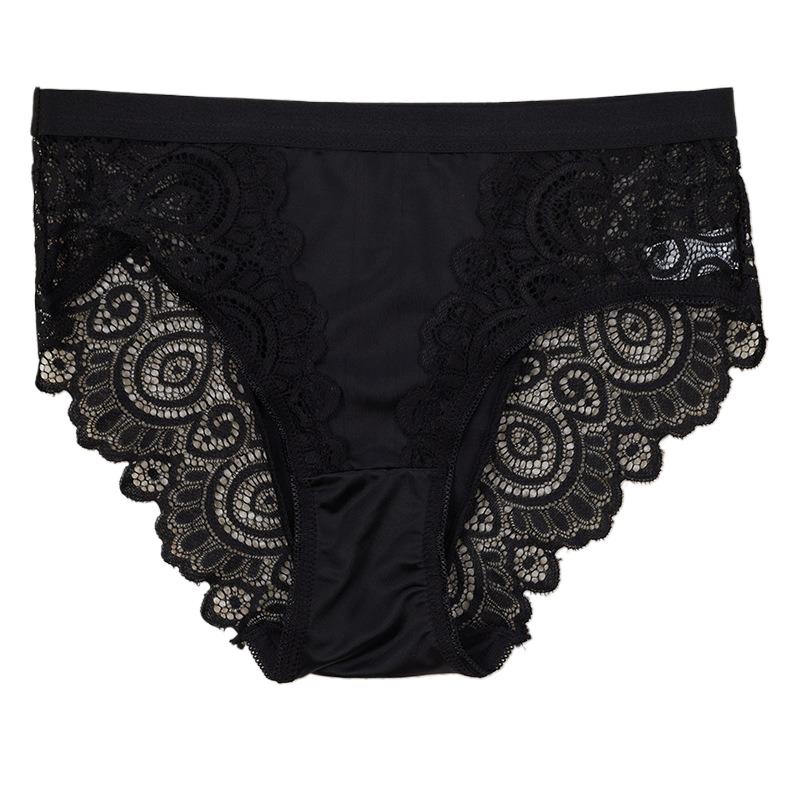 Lace underwear women's mid waist sexy European and American size patchwork see through lace triangle pants