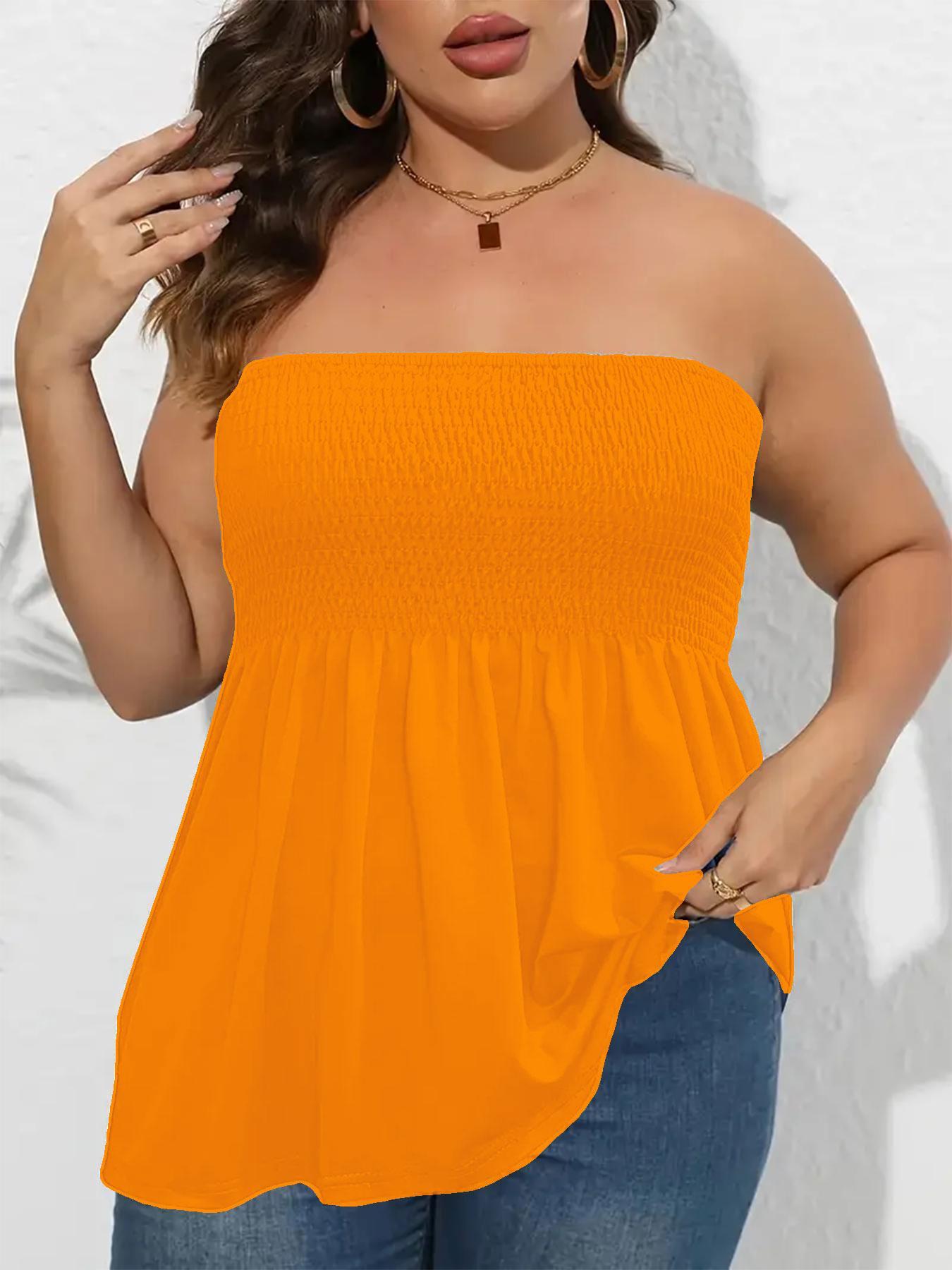 Plus Size Solid Ruffle Hem Shirred Tube Top, Boho Fashion Chic Style Tops, Lady Strapless Top, Womenswear, Casual Sleeveless Strapless Black Top