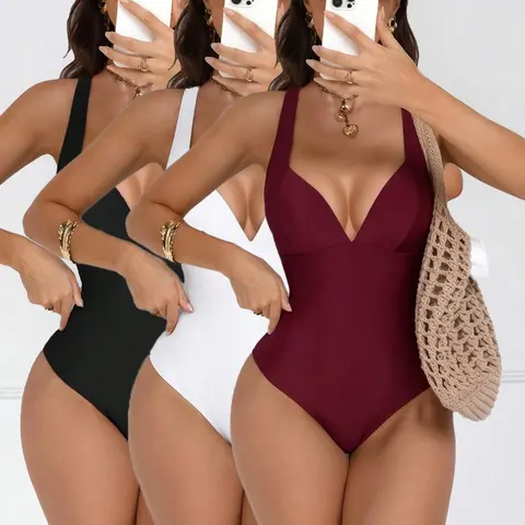 Women's 3-Piece Sleeveless Bodysuit Set Outfit, Basic Fashionable Minimalist Comfortable Soft Fitted Solid Color Halter Neck Bodysuits, Casual Wear Fabric Garment, Bodysuit Without Straps