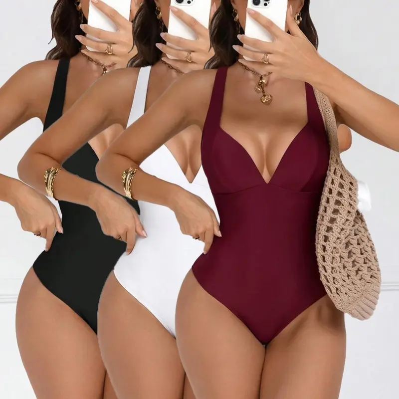 Women's 3-Piece Sleeveless Bodysuit Set Outfit, Basic Fashionable Minimalist Comfortable Soft Fitted Solid Color Halter Neck Bodysuits, Casual Wear Fabric Garment, Bodysuit Without Straps