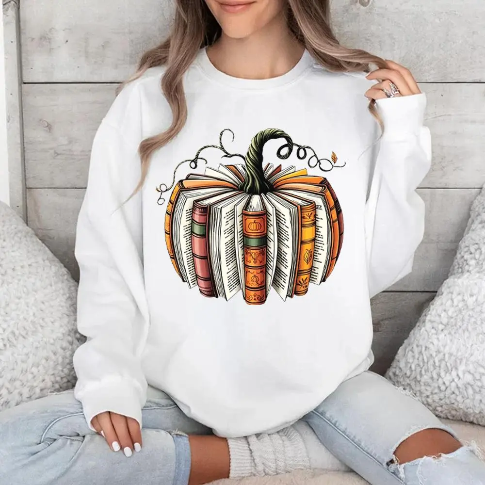 Mock Neck Sweatshirt Graphic Hoodie Women Retro Book Pumpkin Fall Teacher Graphic, Essential Hoodie Soft White Cotton-Blend Fleece Top For Fall, Machine Washable Library Reading Halloween Hoodies For Women Crewneck Sweatshirt