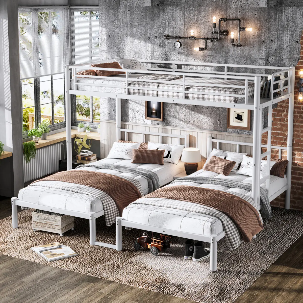 [Bellemave] L-Shaped Triple Bunk Bed, Detachable 3 Twin Metal Bed with Full Guardrails for Bedroom