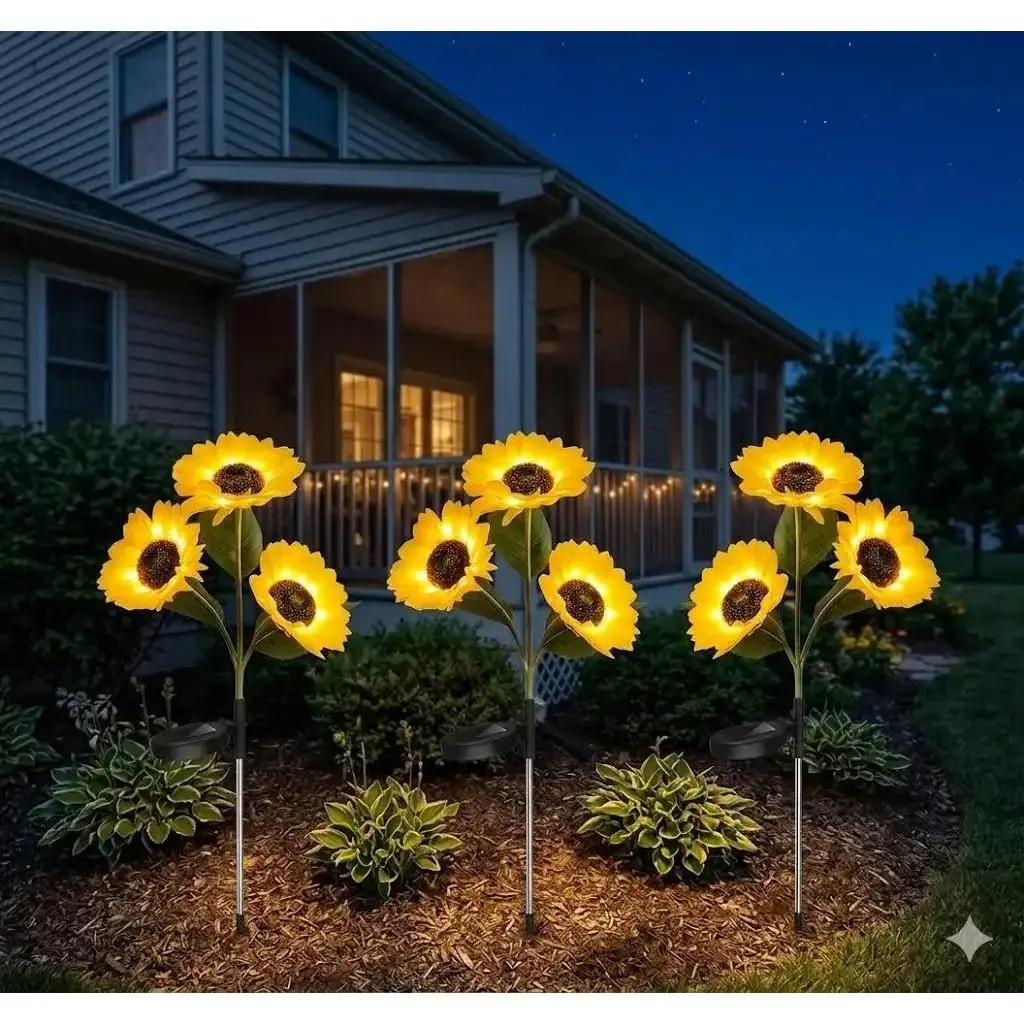 3-Head Solar Sunflower Decorative Lamp with Photovoltaic Panels, Waterproof Outdoor Safe Multifunctional Lamp, Dusk-Activated Intelligent Sensor, Garden Landscape Lighting, Romantic Couples Gifts, Solar Decorative Lamps