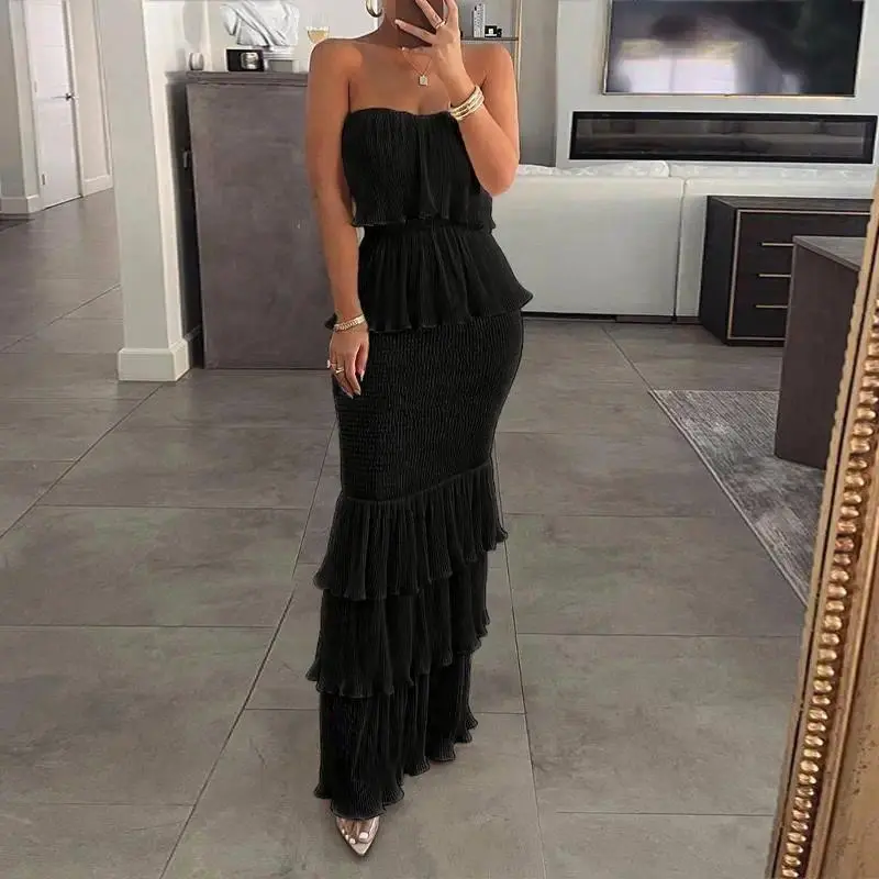 Women’s Strapless Bandeau Wedding Guest Dress, Sleeveless Shirred Layered Sundress with Ruffle Hem for Formal Occasions