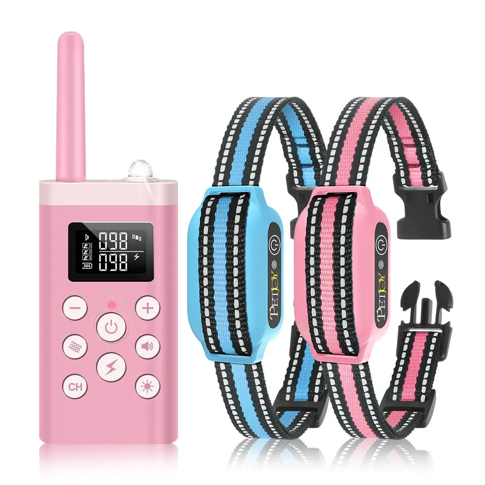 PETJOY Dog Collar For 1/2 Dogs ,2800 FT Dog Training Collar with Remote, 3 Training Modes  ( Beep, Shock, Vibration,Aute ) IPX7 Waterproof E Collar for Dogs Training Outdoor Rechargeable Collars for Dogs, Adjustable Nylon Strap, (10-120lbs），PINK