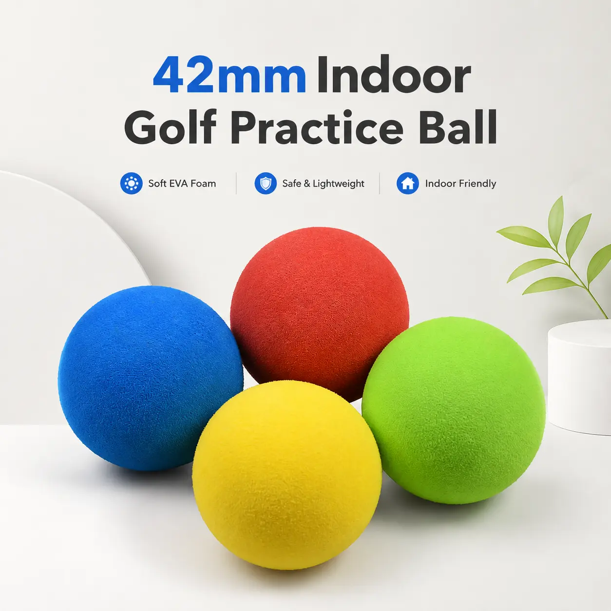 42mm Indoor Practice Golf Balls – Soft Solid EVA Foam Training Balls in Assorted Colors for Safe Home, Office or Indoor Use – Lightweight, Non-Damaging, Quiet Swing Simulation with Realistic Feel