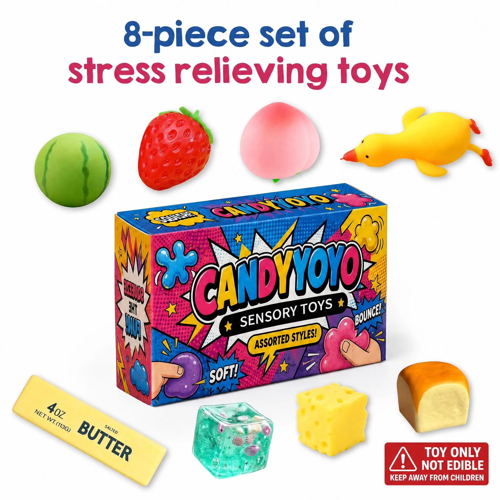 8-Piece Sensory Stress Relief Toy Set, Candyyoyo Squishy Gift Box, Squishies Fidgets, Soft Rebound Fruit Animal Shapes, Anxiety Relief, Anxiety Fidgets, Birthday Present
