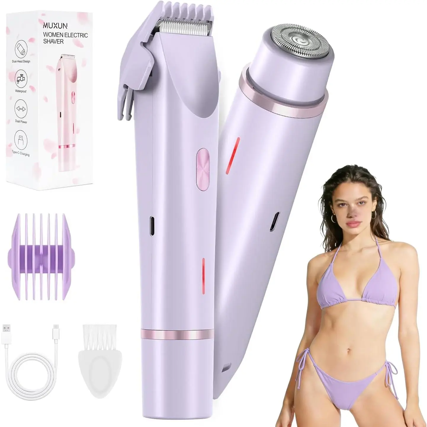 Bikini Trimmer for Women, 2-in-1 Electric Shaver with Dual Heads, Painless Hair Removal for Pubic Area, Face, Legs, Underarms – IPX7 Waterproof, Rechargeable Cordless Razor for Wet/Dry Use