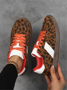 Women's Leopard Print Lace-Up Flat Shoes, Lightweight PU Leather Sporty Casual Sneakers, Comfortable All-Season Outdoor Footwear
