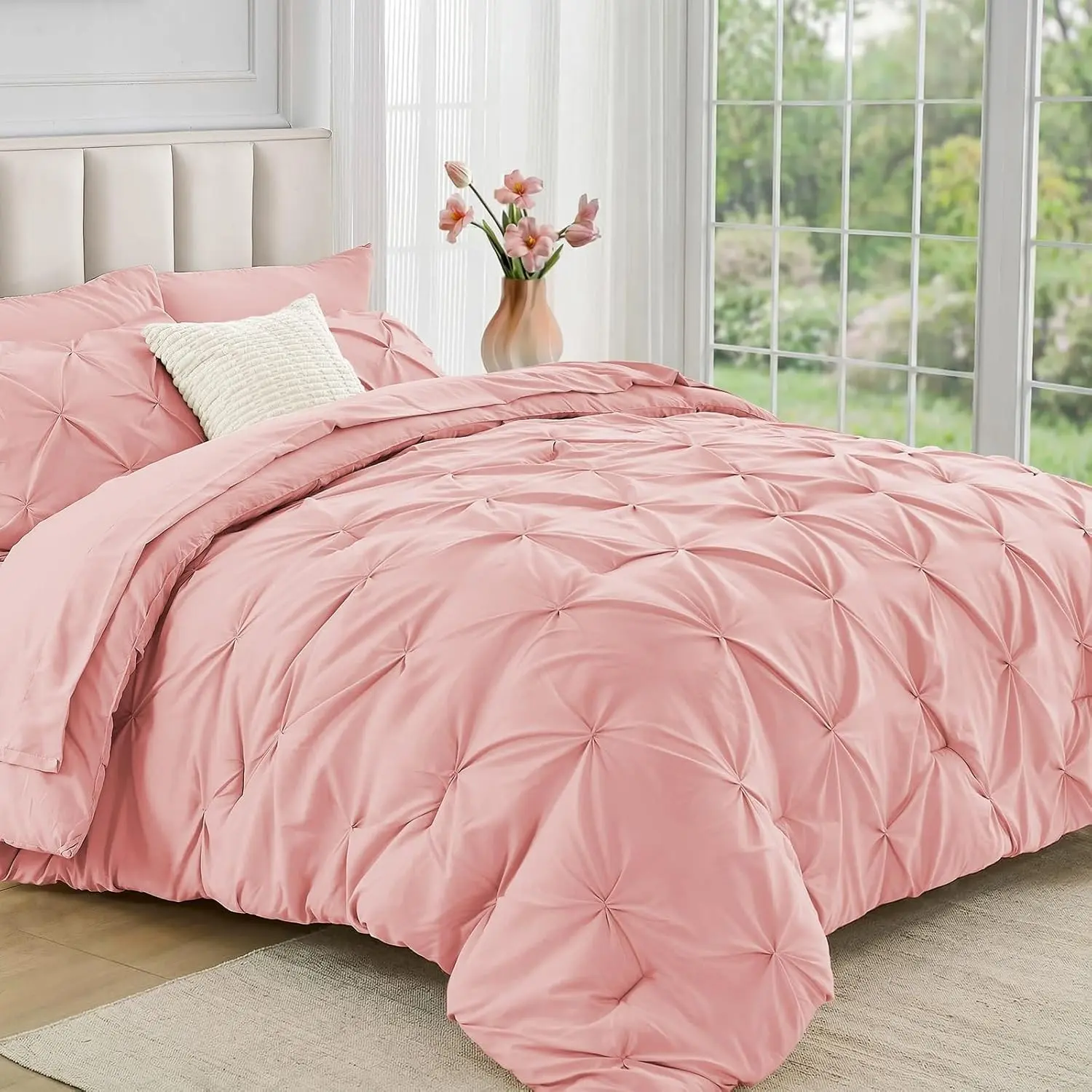 Queen Comforter Set 7 Pieces - Bed in a Bag Queen for All Season, Pintuck Bedding Comforter Sets with Comforter, Flat Sheet, Fitted Sheet and Pillowcases & Shams, Pink