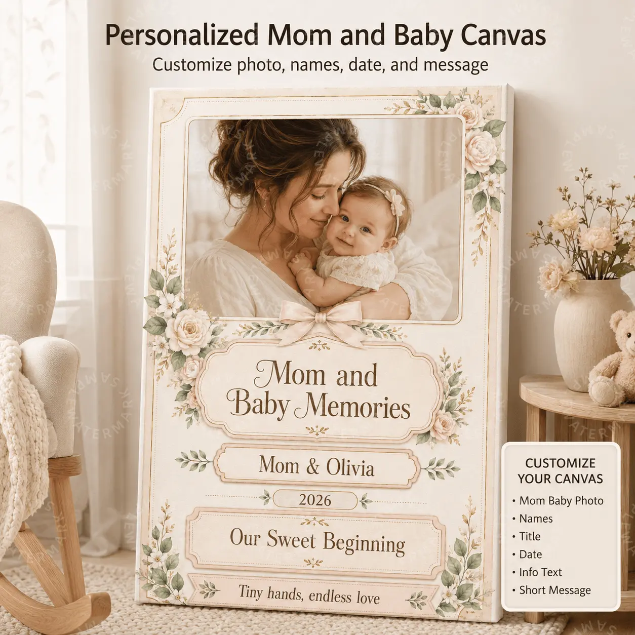 Personalized Mom and Baby Canvas, Custom Photo Names Date Message Wall Art, Floral Neutral Nursery Aesthetic Poster for Bedroom Living Room Decor, Meaningful Mother Baby Gift, Family Keepsake Home Decor