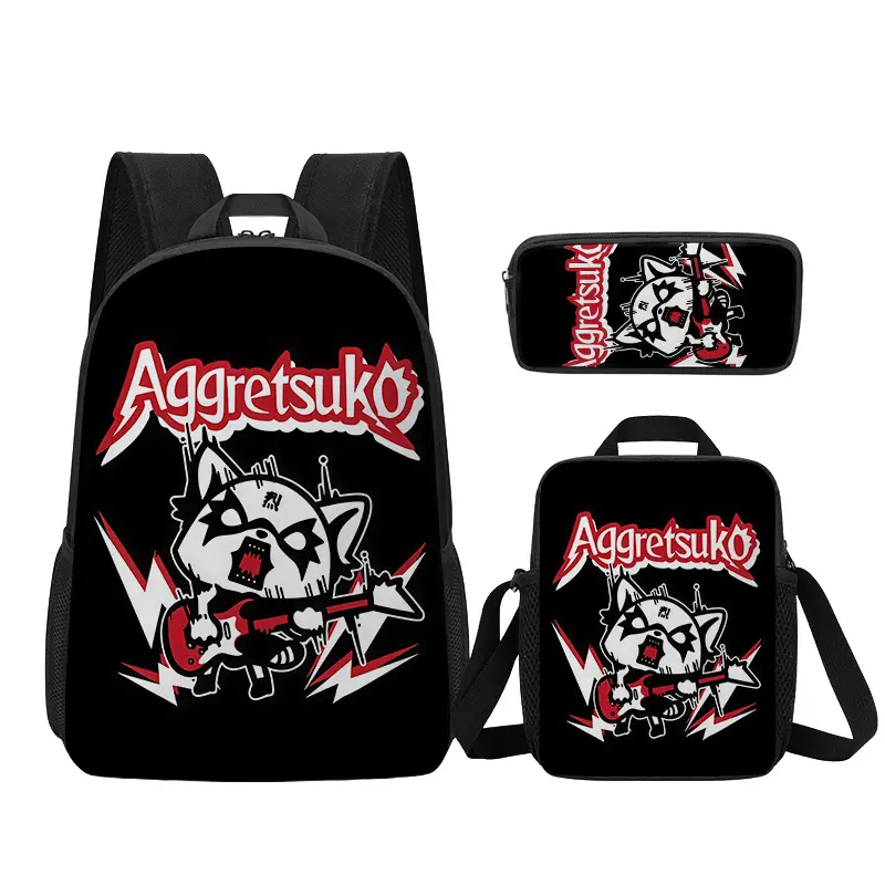 Waterproof 3-Piece Oxford Backpack Set, Insulated Lunch Bag Pencil Case, Aggretsuko Punk Rock Guitar Black Background Print, Breathable Padded Straps for Student Daily Trips