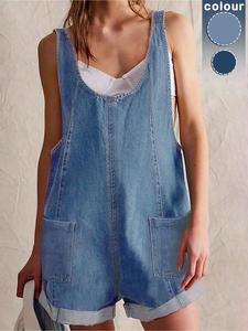 Women's Solid Color Denim Overalls, Casual Comfy Sleeveless Overalls  for Daily Wear, Ladies Clothes for Spring & Summer