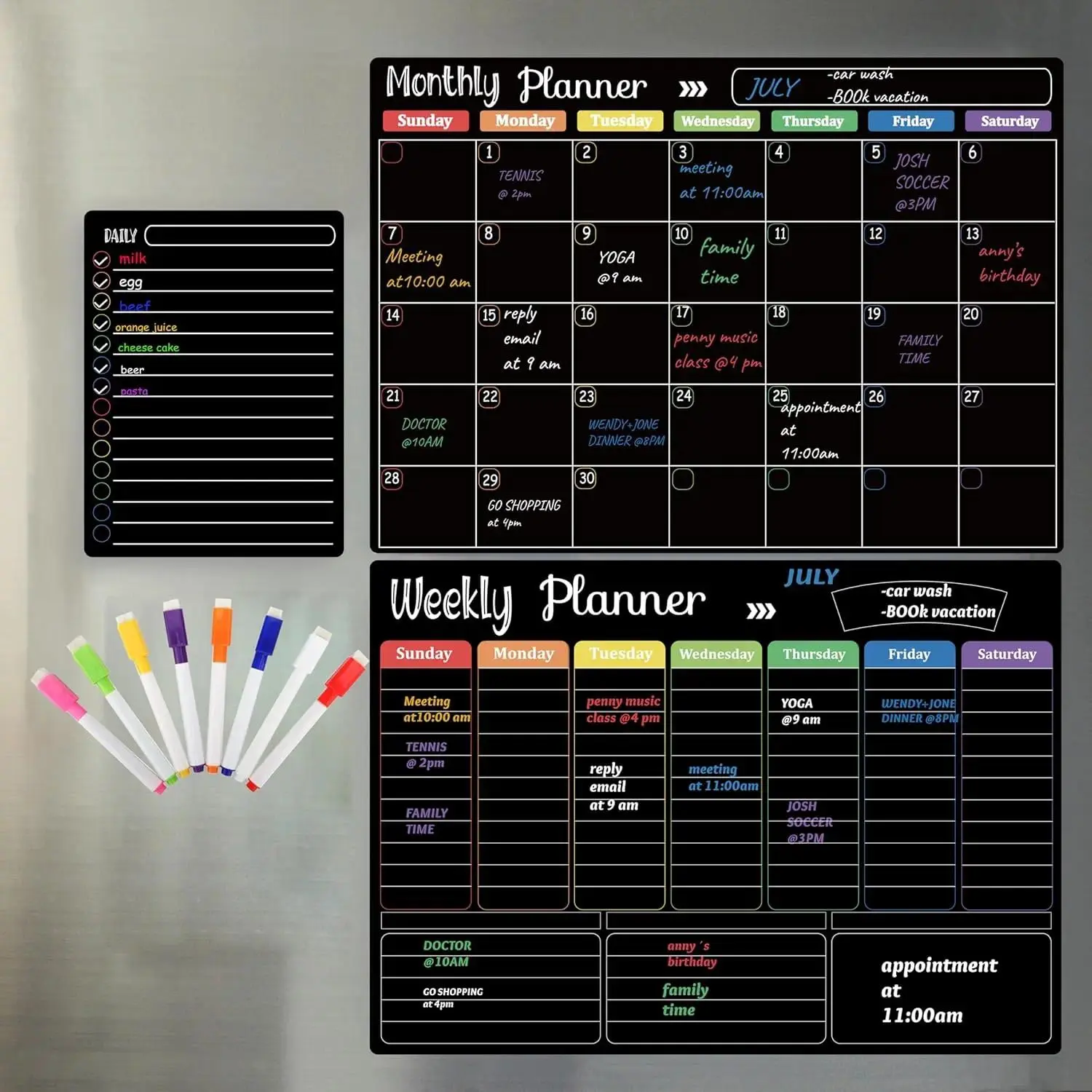 Black Dry Erase Boards Set - 3 Magnetic Boards for Refrigerator, Monthly Planner, Weekly Organizer & Daily Notepad, Wall & Fridge Family Boards, Fridge Calendar Magnetic