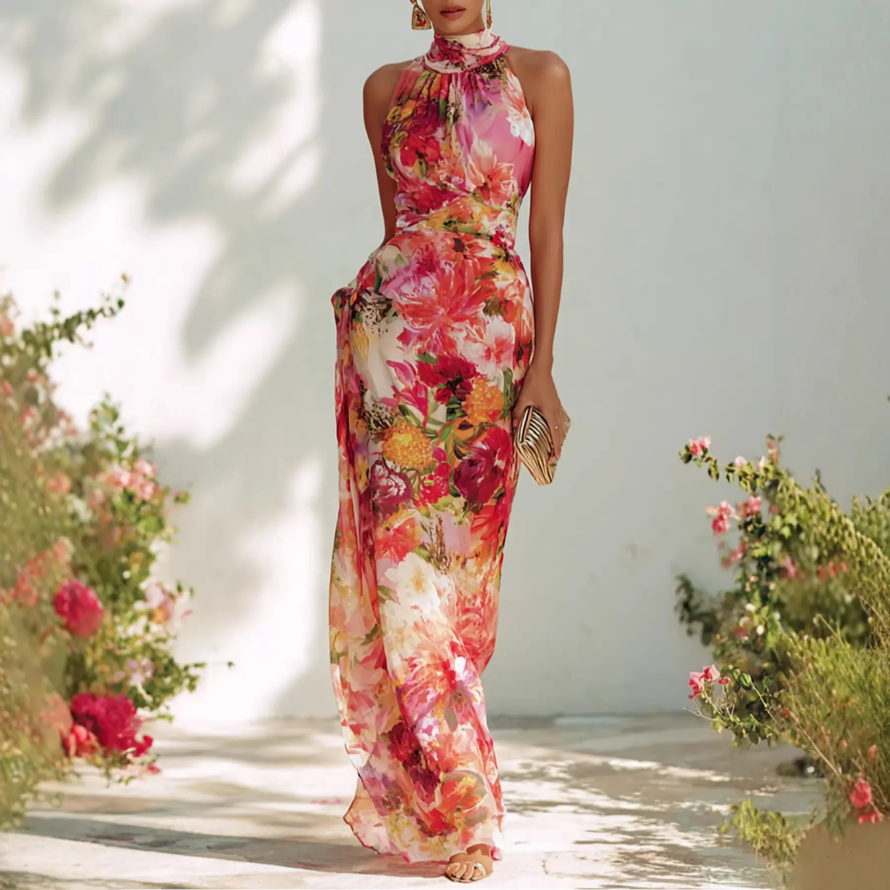 Women's 2026 New Formal Floral Print French Elegant Hanging Neck Sleeveless Slim Fit Chiffon Long Skirt Dress - European & American Spring-Summer Style, Elegant Dresses for Women with Graceful Look, Chiffon Dress