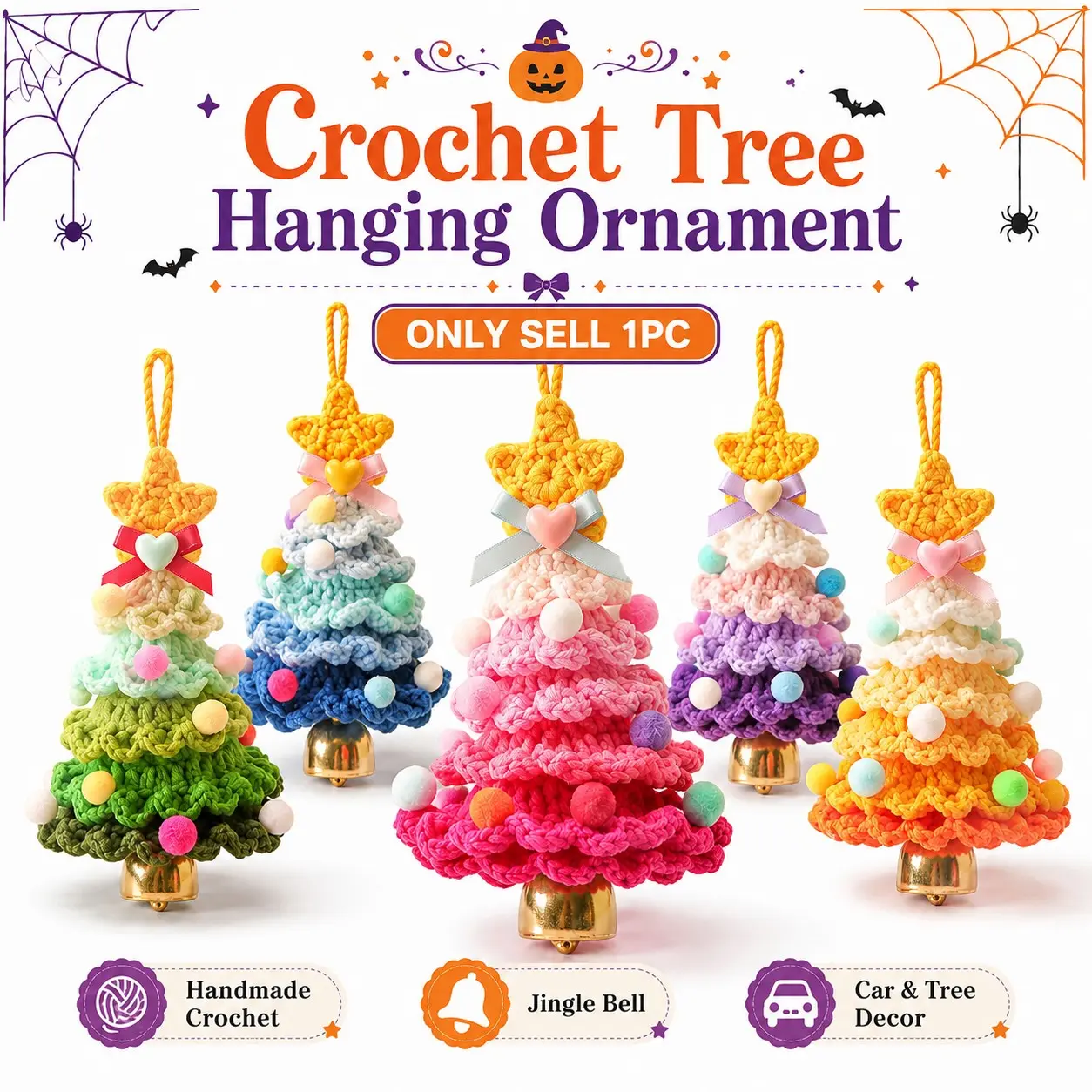 Handmade Knitted Christmas Tree Ornament, Colorful Bell Decor, Car Rearview Mirror Pendant, Holiday Gift, Festive Home Decoration, Decorative Ornaments