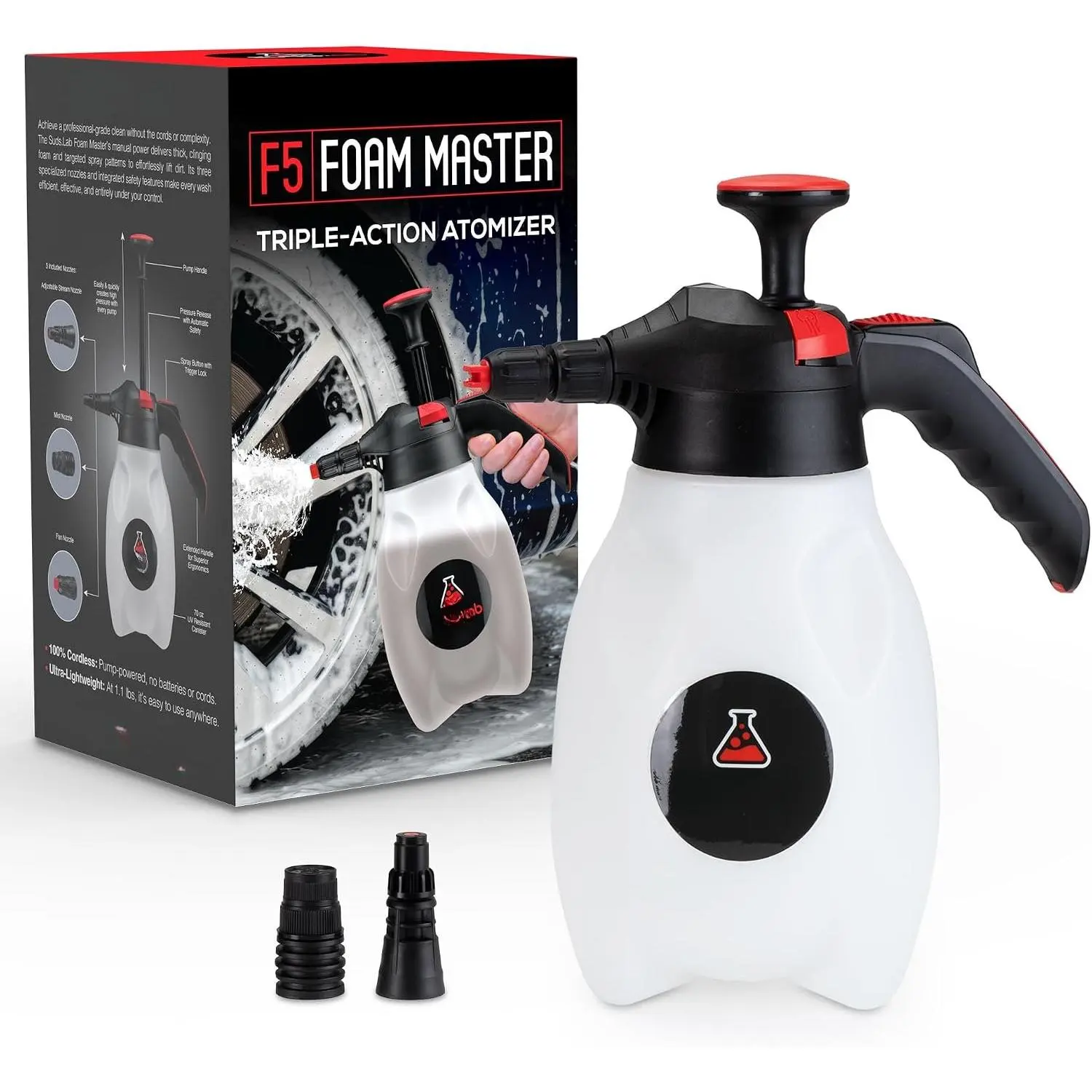 Suds Lab F5  Master - Triple-Action Pump  Sprayer with 3 Nozzles, Cordless Hand Pump Bottle for  Wash & Versatile Use - 70 Oz. Portable Detailing Atomizer