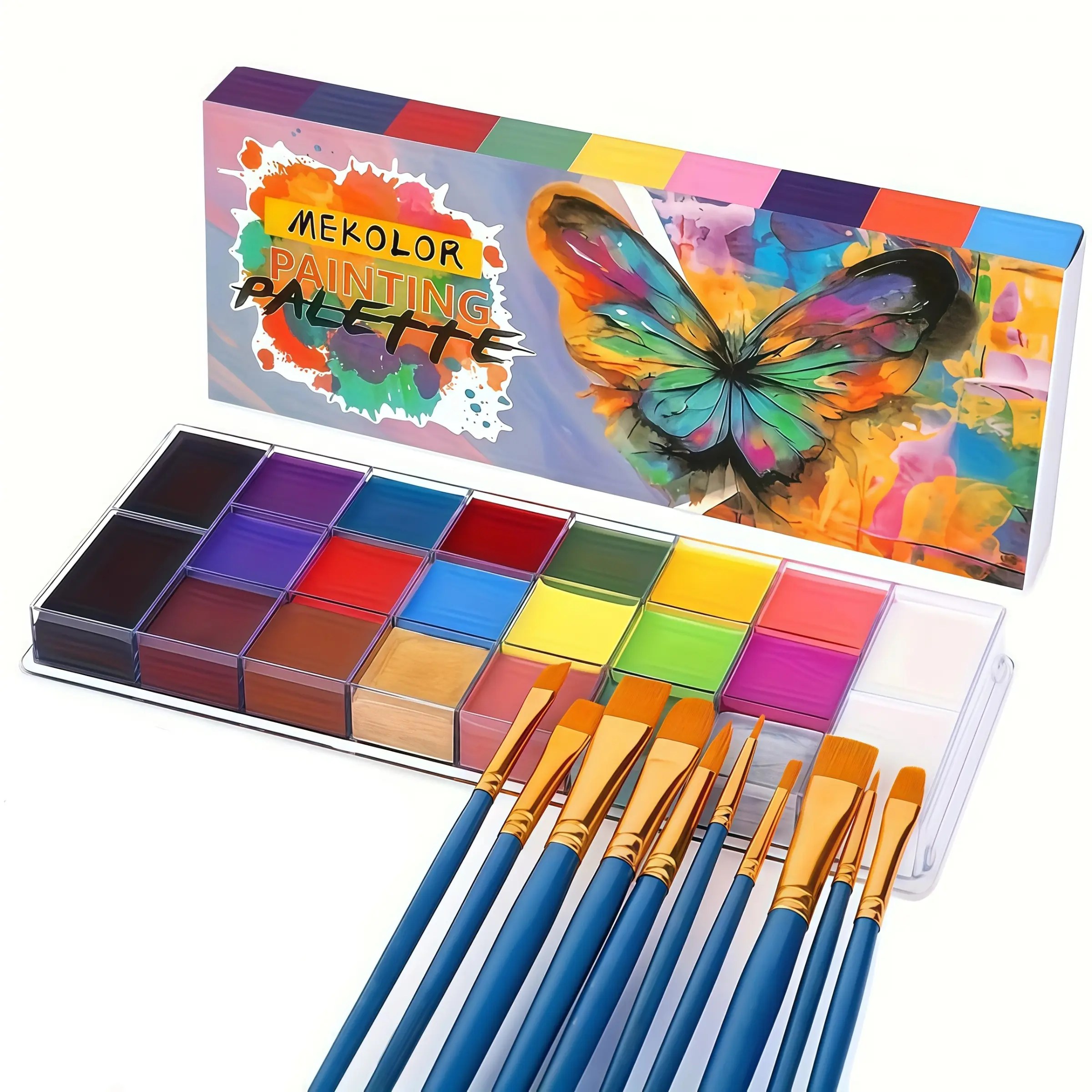 22 Color Face Paint Set with 10 Brushes, Hypoallergenic Safe Water-Based Makeup, High Saturation, Halloween Cosplay, Party Special Effects