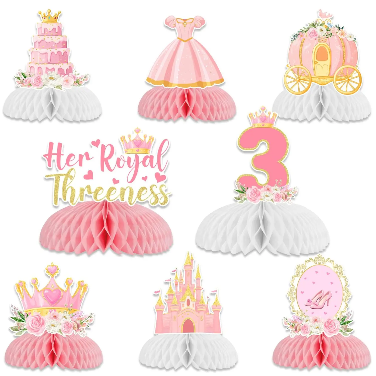 Princess 3rd Anniversary Birthday Party Honeycomb Centerpieces, 8-Piece Floral Her Royal Threeness Table Toppers for Girls' Princess-Themed 3-Year-Old Birthday Party Supplies (1 Set)