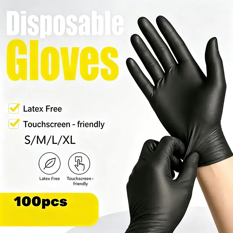 100-Piece Black Nitrile Disposable Gloves, Durable Household Cleaning Gloves, Latex-Free and Powder-Free, Suitable for Kitchen, Cleaning, Nail Art, Hairdressing and Tool Use, Available in S/M/L/XL Sizes (No Box)